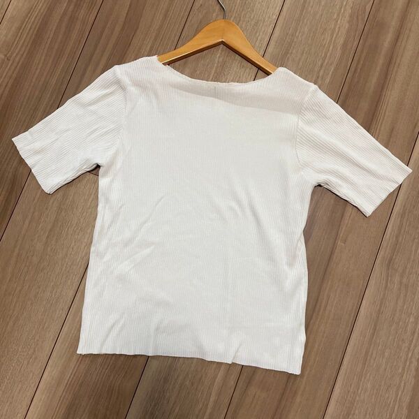 リブ編み ボートネック 半袖トップス ホワイト 夏ニット ニット 半袖 Tシャツ カットソー トップス
