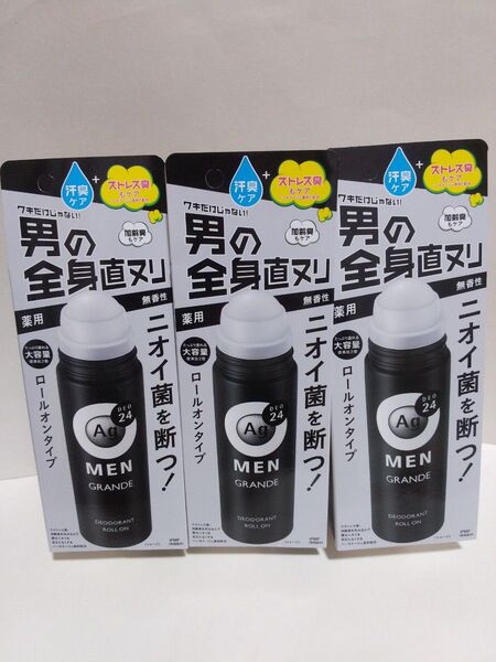 エージーデオ24メン メンズ デオドラント ロールオン グランデ 無香性 120mL×3本セット 薬用 大容量 制汗