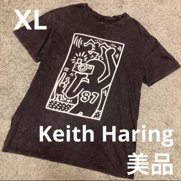 美品 Keith Haring アート Tシャツ XL タイダイ 黒 ユーズド風 クルーネック ビンテージ 半袖 90s