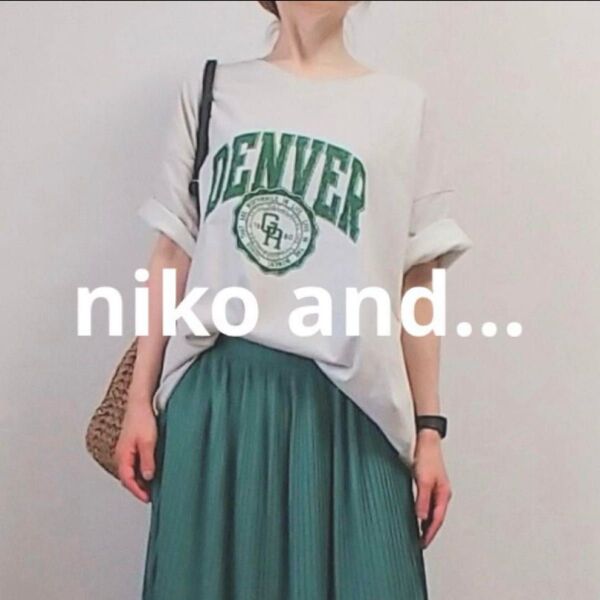 ニコアンド カレッジロゴ ワイドTシャツ 緑 ライトグレー オーバーサイズ L プルオーバー 半袖Tシャツ