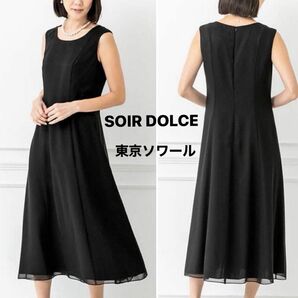 【未使用タグ付き) SOIR DOLCE 現行品★東京ソワール★シフォンのフレアーワンピース フォーマルワンピース ブラック
