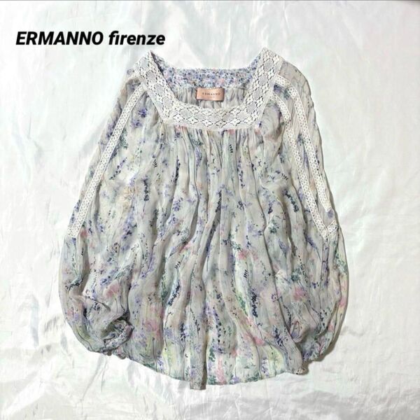ERMANNO firenze エルマンノ フィレンツェ★ブラウス 花柄 イタリア製 シフォン レース プルオーバー
