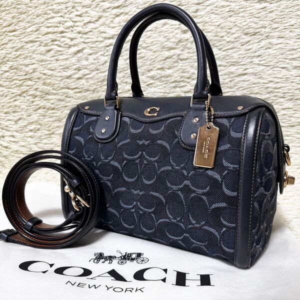 COACH コーチ ミニボストンバッグ 2way 斜め掛け シグネチャー ジャガード デニム Cロゴ ショルダーバッグ レザー 革