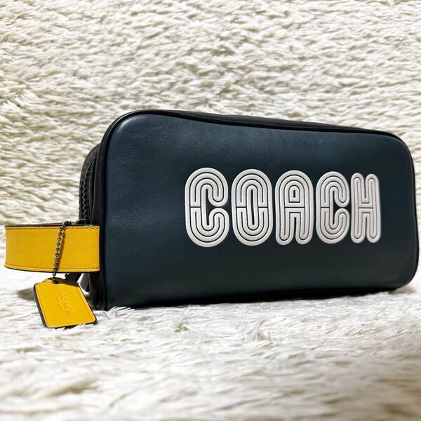 COACH コーチ セカンドバッグ カラーブラック デカロゴ レザー 本革 グリーン トラベル ハンドバッグ ポーチ ユニセックス
