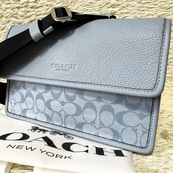 COACH コーチ ターナー フラップ クロスボディ シグネチャー シャンブレー ジャガード デニム ショルダーバッグ 水色 本革