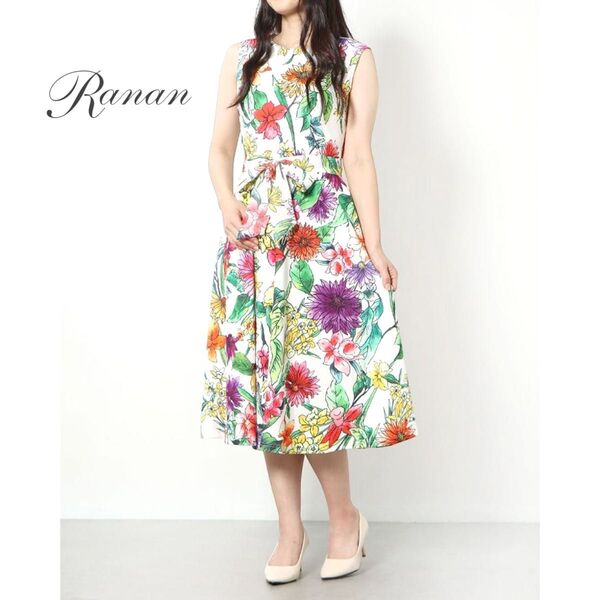 RANAN ラナン フラワープリントジャージーワンピース Aラインロングワンピース リボンベルト フレア 花柄 ストレッチ L
