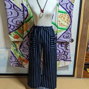 古布リメイク・縞木綿ワイドパンツ