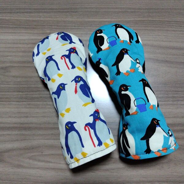 涼しげ☆ハンドメイド ユーティリティ用ヘッドカバー ペンギン柄ホワイト&ブルー