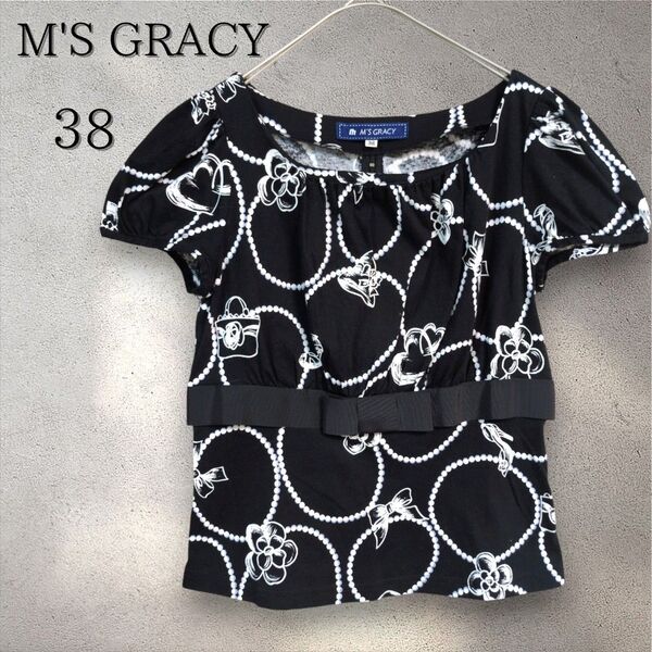 《未使用級》エムズグレイシー M'S GRACY トップス 花柄 リボン 半袖 ブラウス 総柄 大人可愛い 極美品