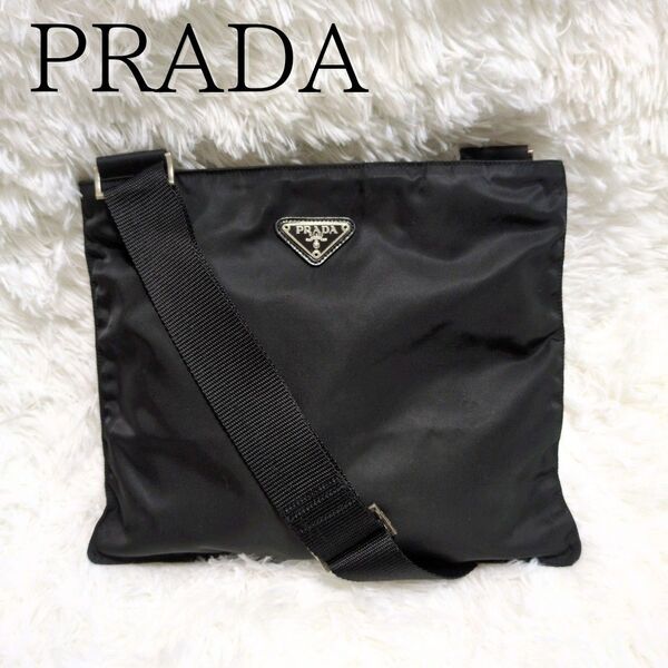 《希少》PRADA プラダ ショルダーバッグ 三角ロゴプレート ナイロン 斜め掛け シルバー金具 ブラック 軽量 レア