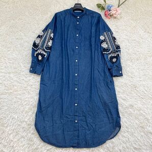 美品ヌキテパ インド綿エンブロイダリーデニムロングシャツワンピース F 青