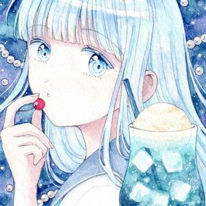 ★オマケ付き【夜空のクリームソーダ】手描きイラスト 原画 ポストカードサイズ オリジナル手描きイラスト