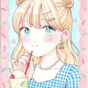 ★オマケ付き【メロンソーダ】手描きイラスト 原画 ポストカードサイズ