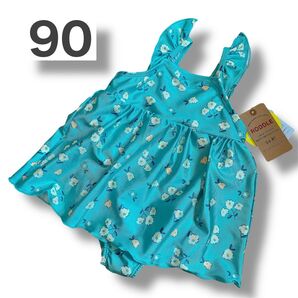 新品未使用 女の子 水着 ベビー水着 90 グリーン 花柄 フリル ワンピース水着 スイムウェア