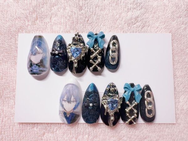 【現品】にじさんじ 小柳ロウ 推し 痛ネイル ネイルチップ 量産型 青 黒