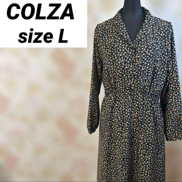 COLZA シャツ ロング ワンピース L 花柄 ウエストゴム ベルト紐 裏地有