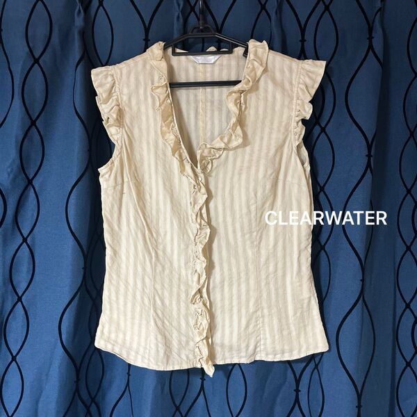 CLEARWEATHER ラッフルフリル付き Vネック ノースリーブ ブラウス トップス フレンチスリーブ ベージュ フリル
