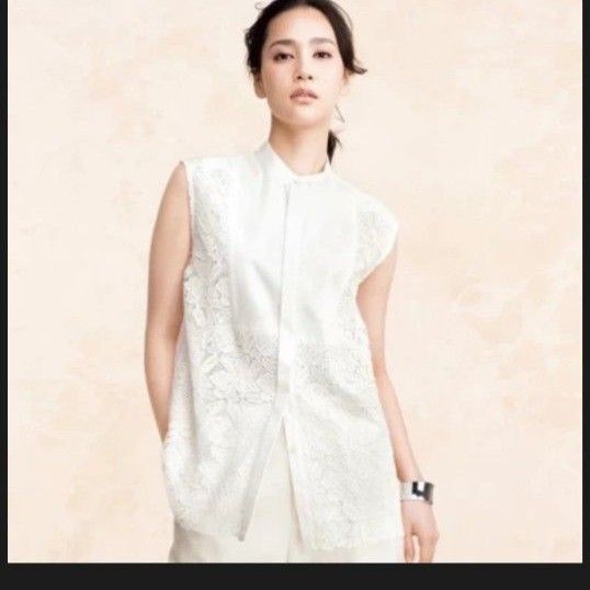 【美品 DAMA collection】コットンレース 切替 チュニック 13号 ブラウス シャツ カットソー ノースリーブ
