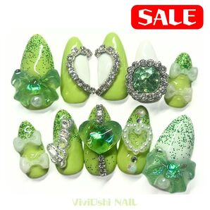 【SALE】推しカラー ネイルチップ みどり きみどり ゴテゴテネイル ゆめかわ 推し活 推しネイル ハートネイル