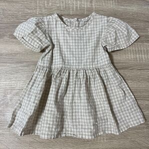 AOSTA ギンガムチェックワンピース リネン ベージュ 韓国子供服 S 70