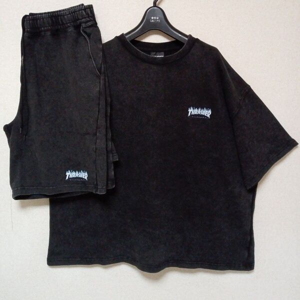 THRASHERスラッシャー新品未使用セットアップ上下Tシャツハーフパンツビンテージ加工ブラックサイズL