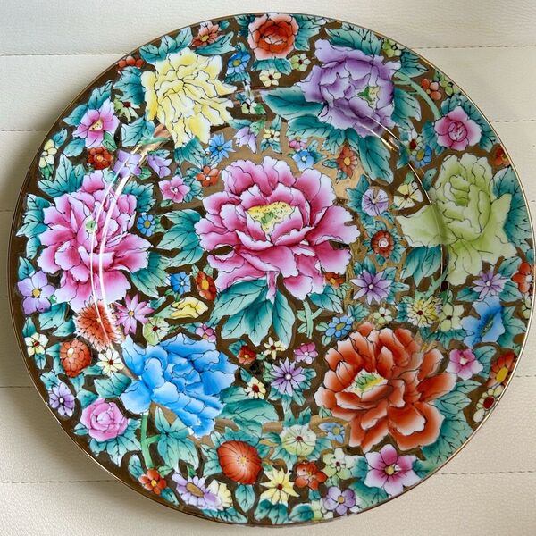 中国古美術 中国制造 色絵金彩 花絵 飾り皿 陶器 大皿 金花詰め 金襴手
