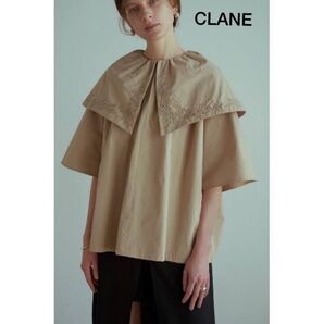 CLANE BIG COLLAR EMBROIDERY TOPS シャツ 半袖 ベージュ 刺繍 クラネ レディース