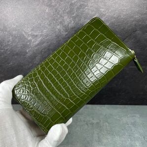 新品 クロコダイル オリーブグリーン 長財布 緑 ラウンドファスナー ワニ革