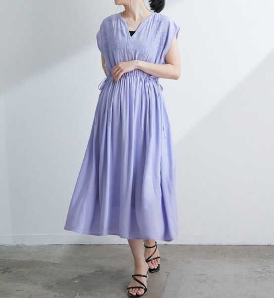 VIS 刺繍フレンチスリーブワンピース F