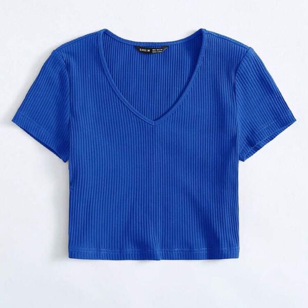 Tシャツ 青 クロップド丈 へそ出し Vネック レディース サマー ソリッドカラー 半袖 リブ カジュアルTシャツ トップス
