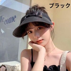 新品 サンバイザー リボン ブラック 黒 帽子 麦わら帽子 大人気 可愛い 当日発送