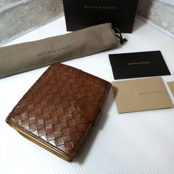 ◆ボッテガヴェネタ◆2つ折り 本革財布 イントレチャート ブラウン BOTTEGA VENETA レザー