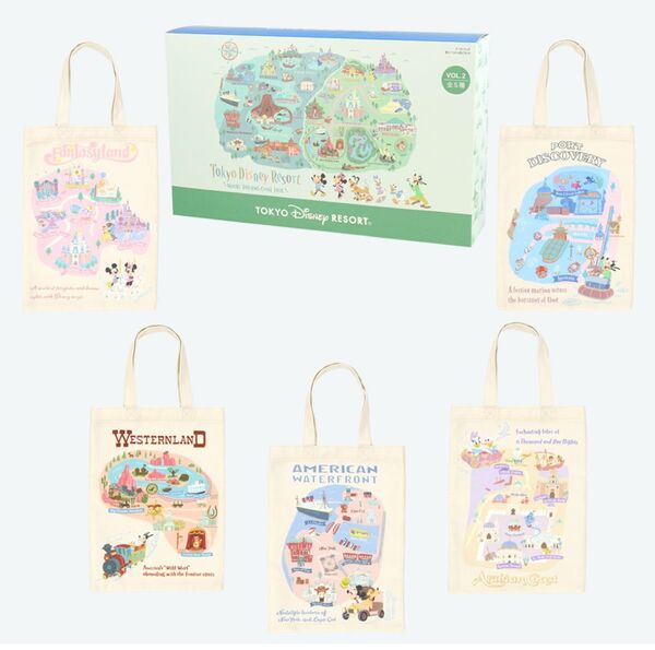 新品未使用 東京ディズニーリゾートマップデザイン トートバッグ vol.2 5種まとめ売り おまけメモ帳16種各1枚