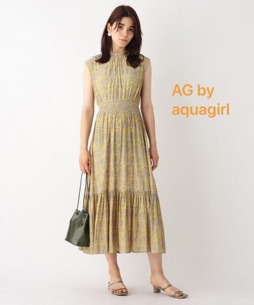 【未使用】AG by aquagirl リーフプリントシャーリングワンピース ノースリーブ ロングワンピース イエロー Sサイズ