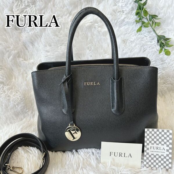 FURLA テッサ 2way ハンド ショルダーバッグ 黒 レザー チャームロゴ