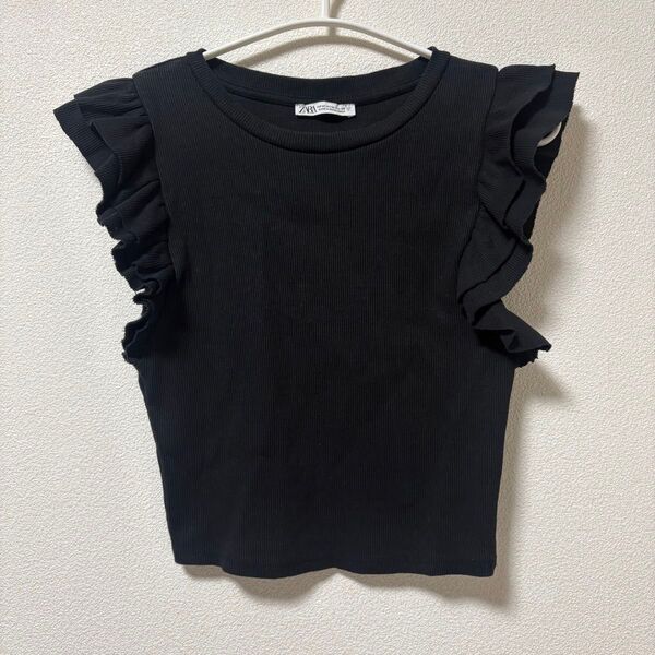 ZARA ブラックフリルノースリーブトップス ノースリーブ フリル ショート丈 半袖 トップス