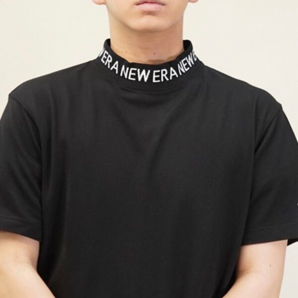 新品未使用ワケあり ニューエラ/NEW ERA モックネック半袖シャツ 夏物 刺繍ロゴ 速乾防臭 ゴルフ オシャレ メンズ 黒XL