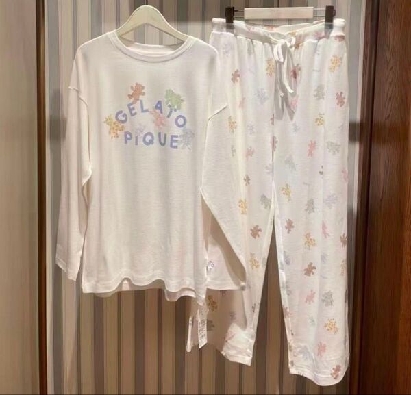 新品 ルームウェア 上下セット ぬいぐるみ柄 ロングパンツジェラートピケ