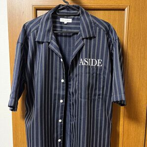 SPINNS ストライプ柄 半袖シャツ ネイビー ASIDE