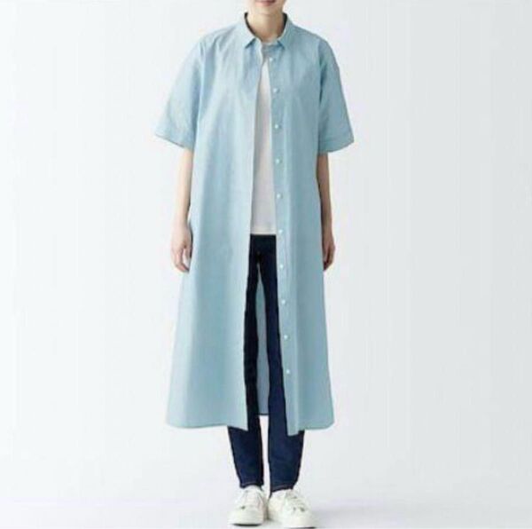 無印良品 涼感五分袖シャツワンピース グリーンストライプ S ロングワンピース MUJI