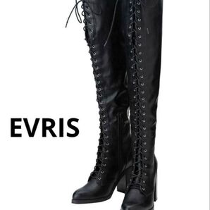 EVRIS レースアップロングブーツ ブラックL 24.5cm相当 ポインテッドトゥ ハイヒール Y2K