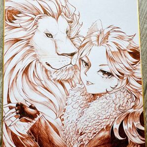 手描きイラスト ペン画 オリジナル ライオン 夫婦 色紙18cm×21cm
