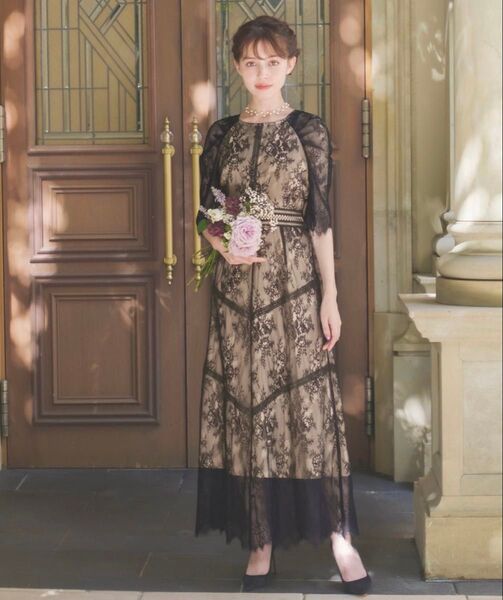 【GIRL】ステッチ加工フラワー総レース フレア ロング ロングワンピース オケージョンドレス パーティードレス 結婚式 お呼ばれ