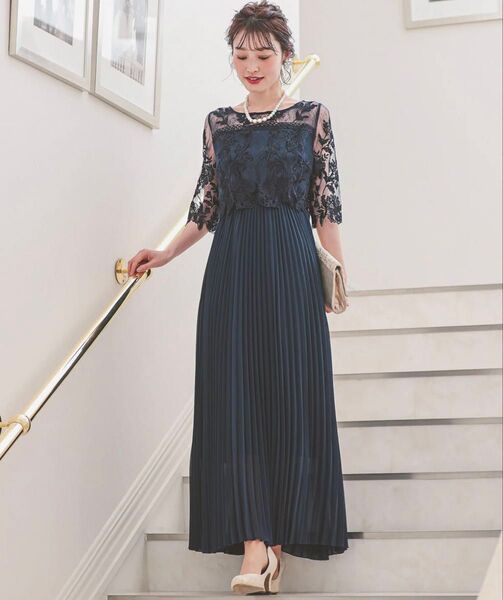 【kana】フラワー刺繍レース 切り替えプリーツロング パーティードレス オケージョン ロングワンピース 結婚式 お呼ばれ S