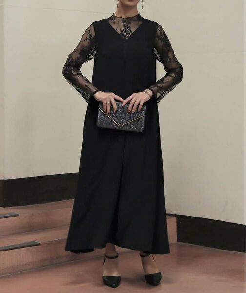 【epic day】レースコンビネーションメローロングドレス パーティードレス オケージョンドレス ロングワンピース 結婚式