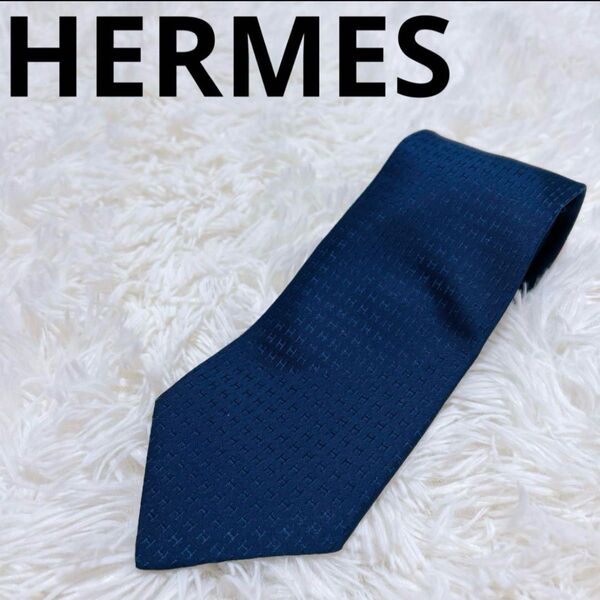 HERMES エルメス ネクタイ メンズ ネイビー Hロゴ シルク100% 総柄 ビジネス イタリア製 絹 ロゴ