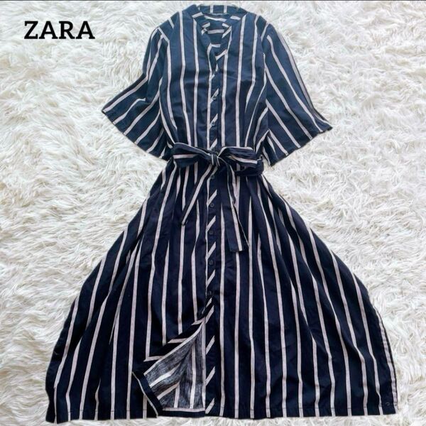 【美品】ZARA ザラ ストライプ柄 半袖ワンピース Sサイズ ブラック コットン レディース ロング ボーダー ノーカラー