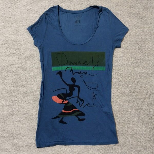 USED 古着 ☆ YEVS イーブス ☆ Sサイズ ロングTシャツ トップス カットソー 半袖 U首 イラスト ピタT スリム