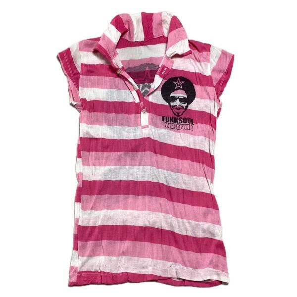 ファンクソウル ボーダー Tシャツ ピンク系 ビックプリント フレンチスリーブ 薄手