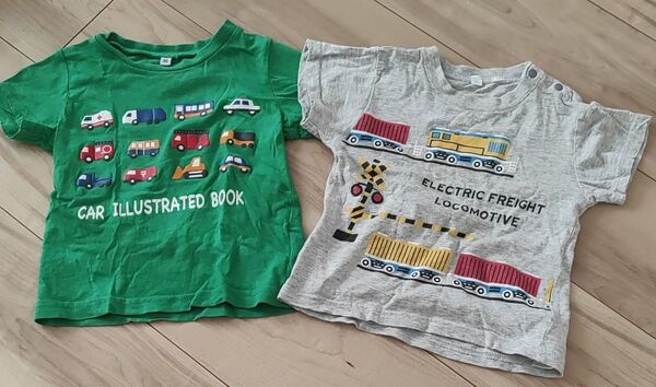 キッズ 乗り物柄(車、電車)Tシャツ 半袖 2枚組